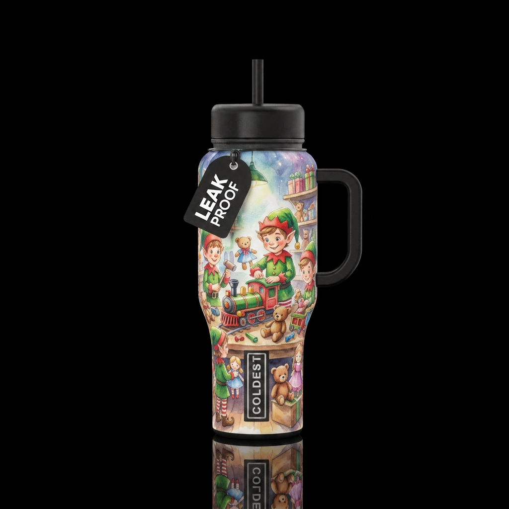 Santa's elves making toyes at Santa's work shop, v... water bottle design