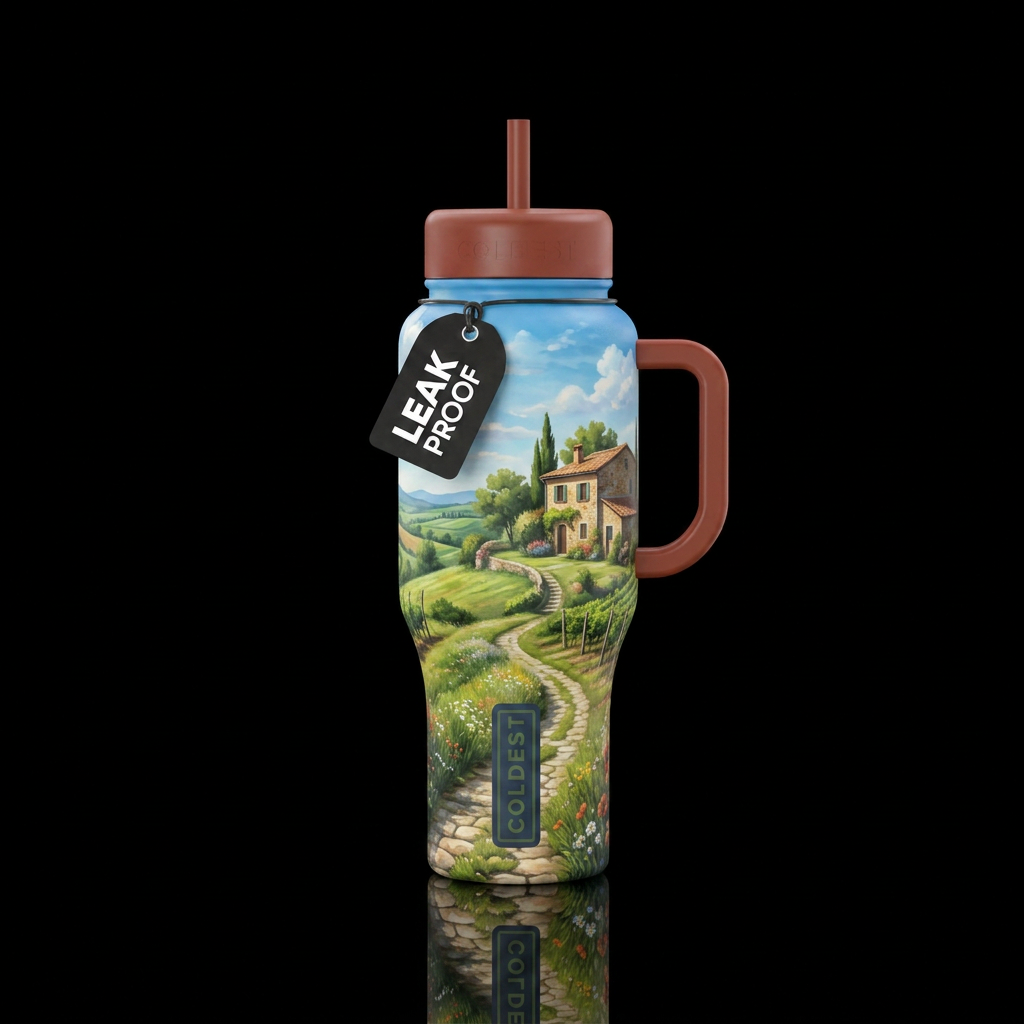 european countryside with a house in the backgroun... water bottle design