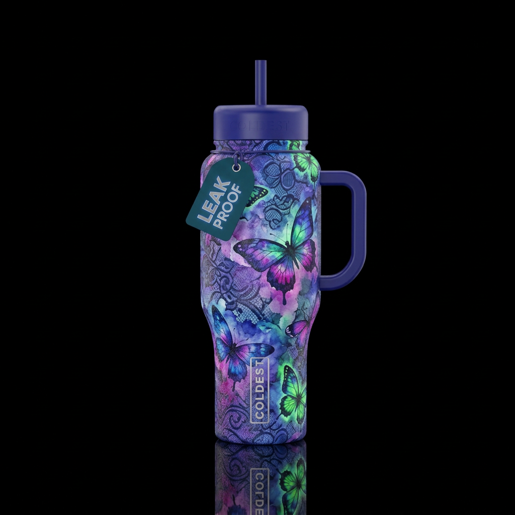 lace, glowie, vibrant, butterfly, watercolor water bottle design