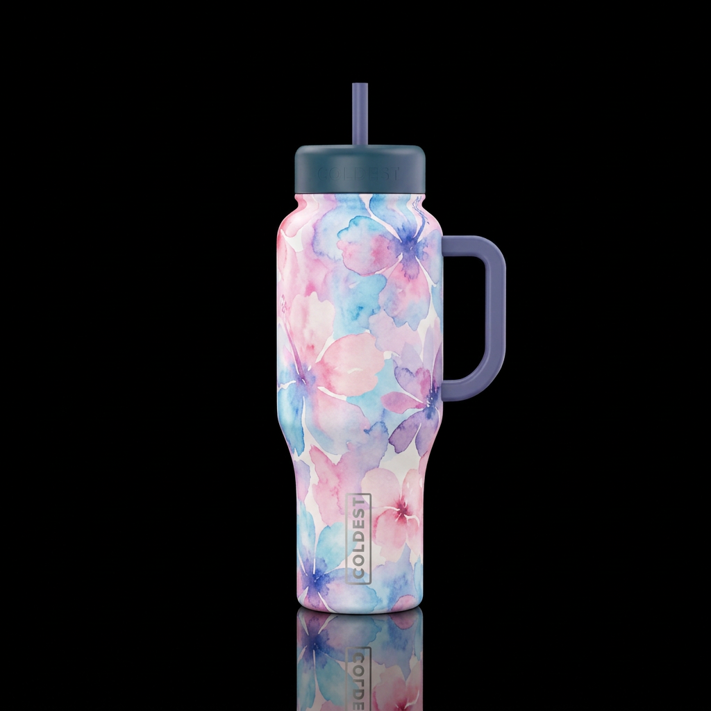 tropical flowers, timeless, cotton candy, watercol... water bottle design