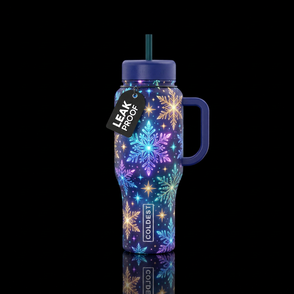 Snow flakes, glowie, magical, happy mood, seamless... water bottle design