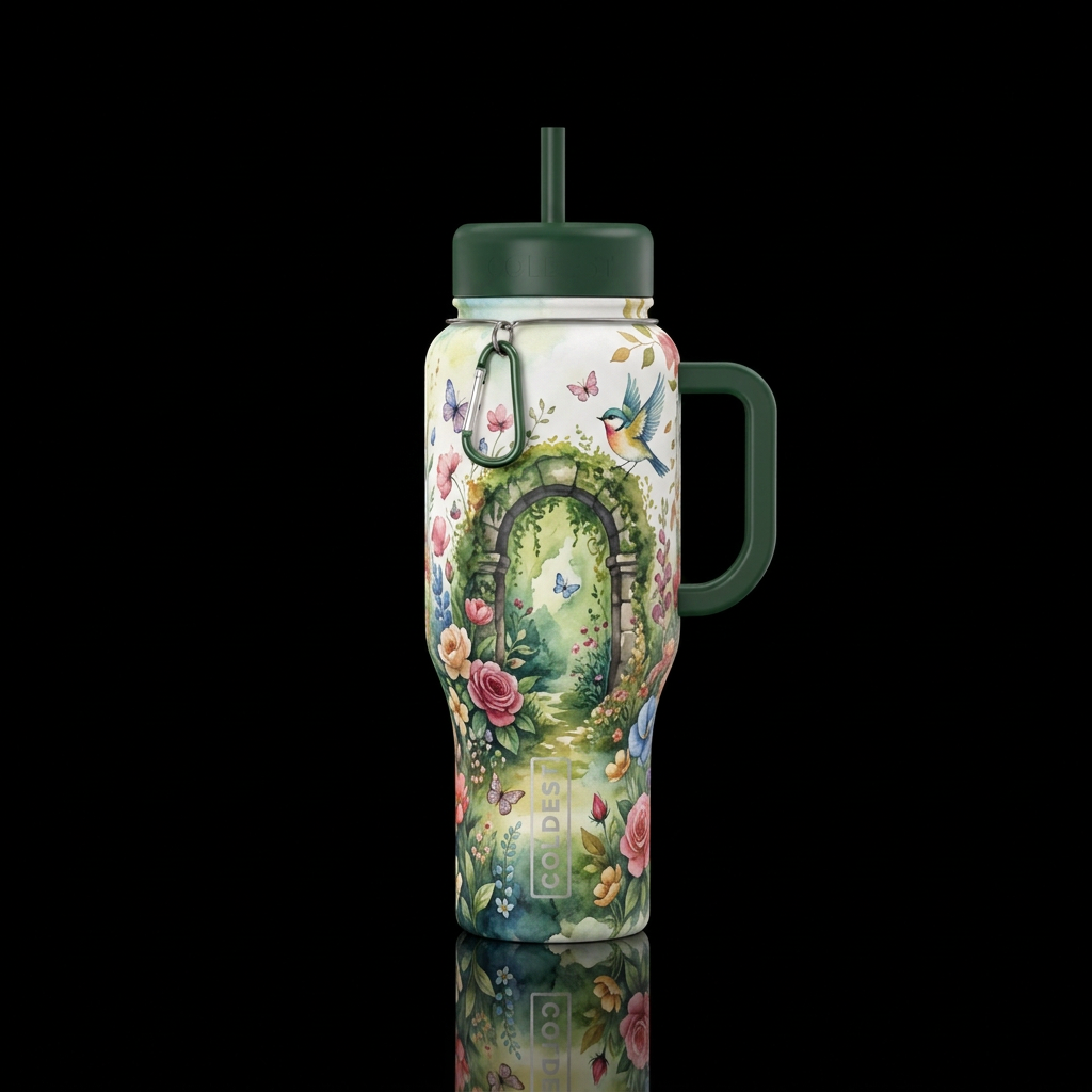 victorian, happy mood, watercolor, secret garden, ... water bottle design
