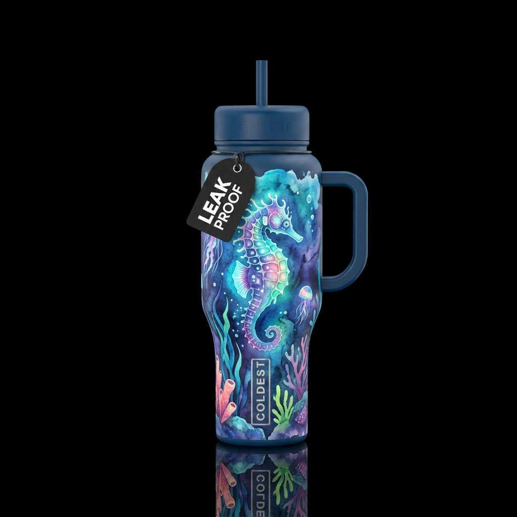 seahorse, glowie, ocean, watercolor water bottle design