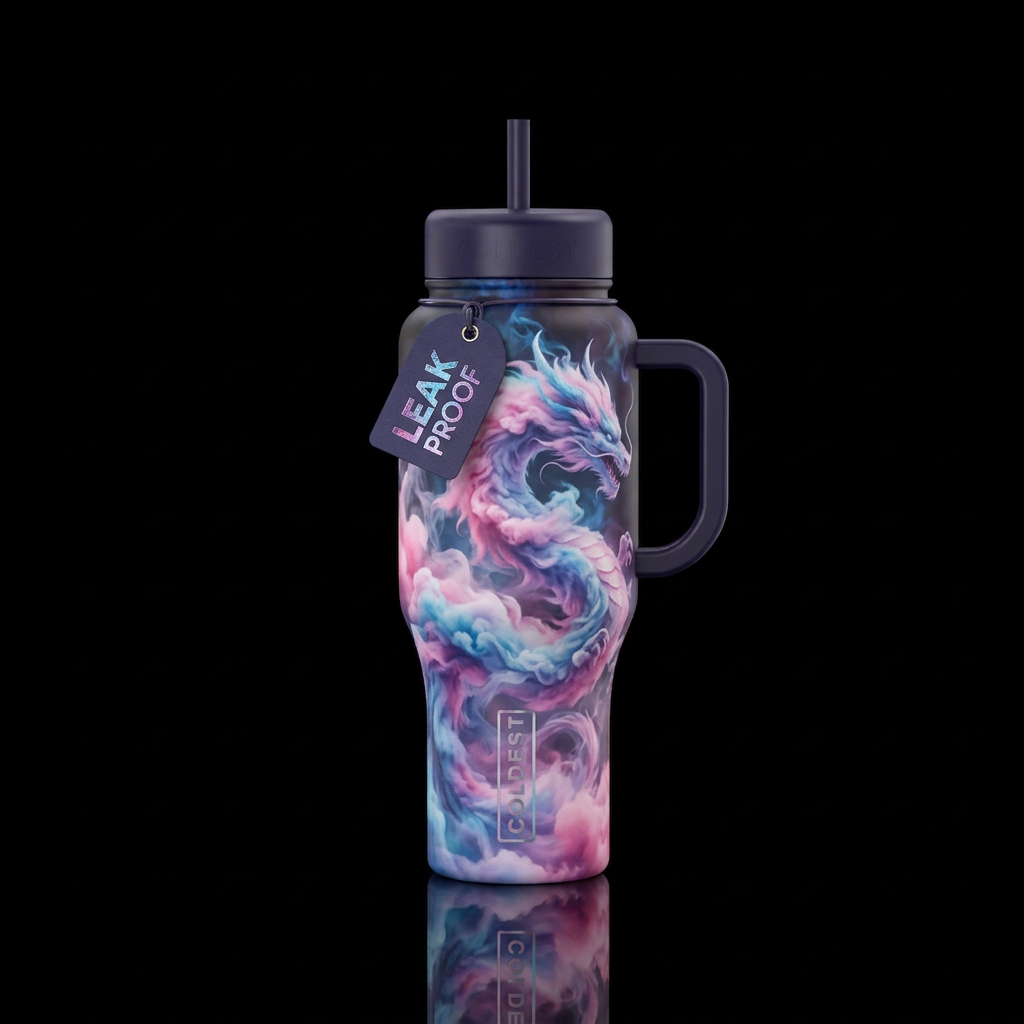 cotton candy, smoke, dragon water bottle design