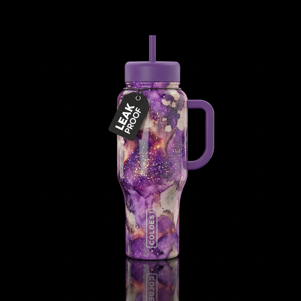 firery, sparkly, watercolor ,purple,, bleach effec... water bottle design