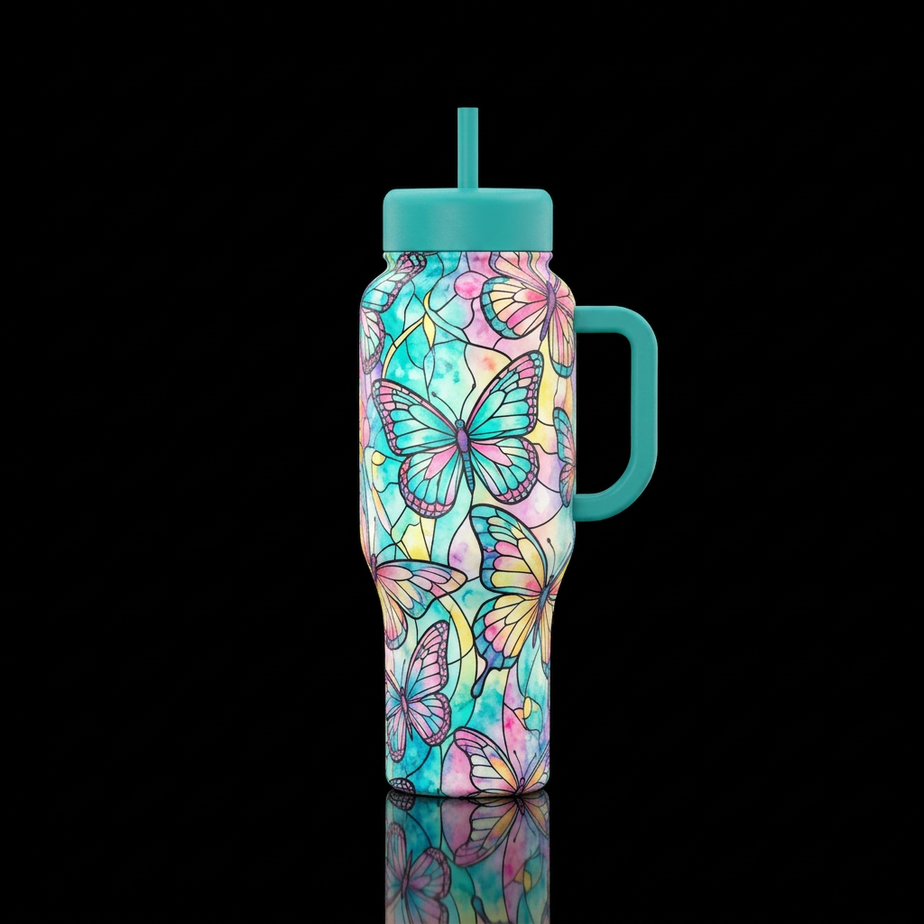 Stained glass,, light colors, vibrant, happy mood,... water bottle design