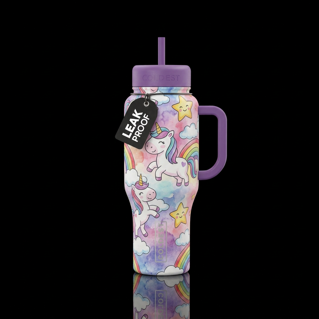 unicorn, whimsical, happy mood, seamless, cartoon,... water bottle design