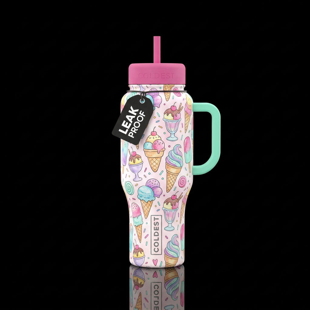 ice cream, vibrant, whimsical, cartoon, watercolor water bottle design