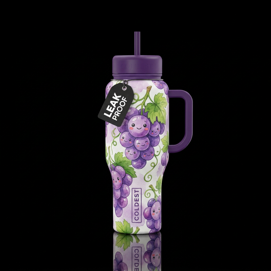 grape, whimsical, happy mood, cartoon, watercolor water bottle design