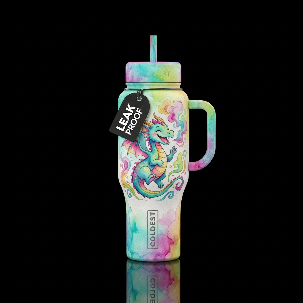 dragon, whimsical, happy mood, watercolor, cartoon... water bottle design