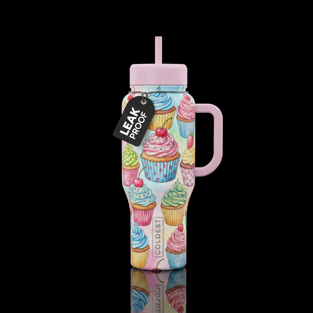 watercolor,  cartoon, cupcake, artistic water bottle design
