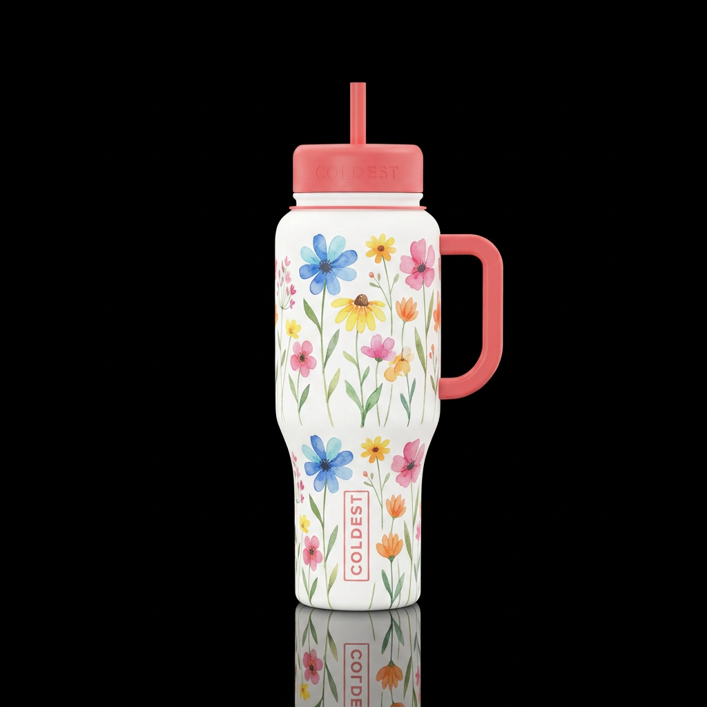 wildflowers, vibrant, beautiul, happy mood, cartoo... water bottle design