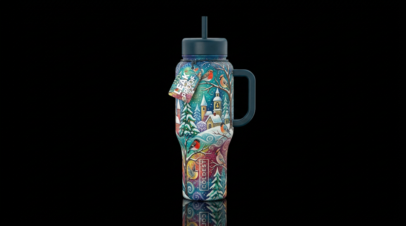 , abstract, whimsical, winter wonderland, trees, b... water bottle design