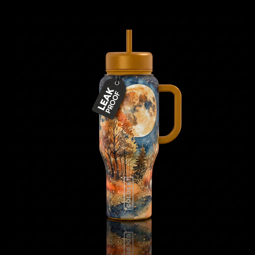 harvest moon, sparkly, shiny, beautiul , trees,, w... water bottle design