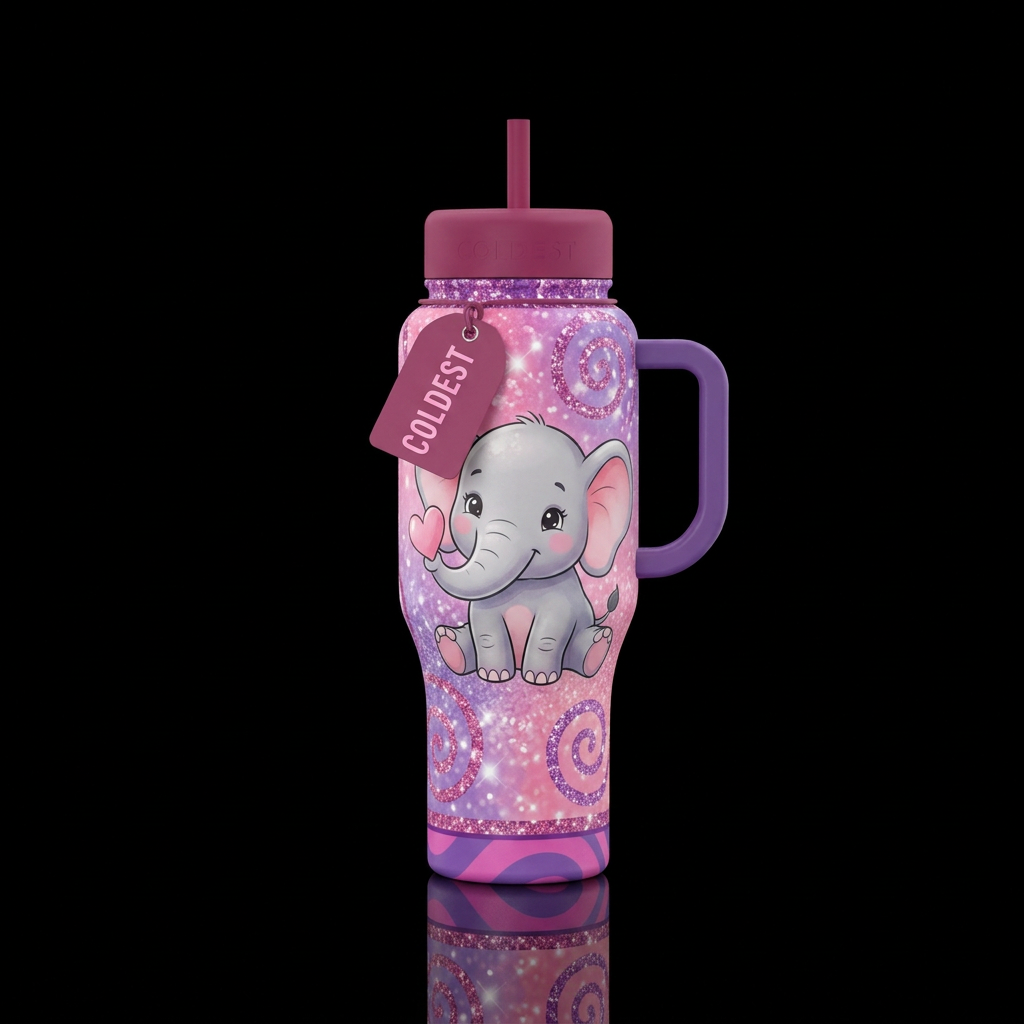 Baby elephant holding a paper heart in it trunk, h... water bottle design