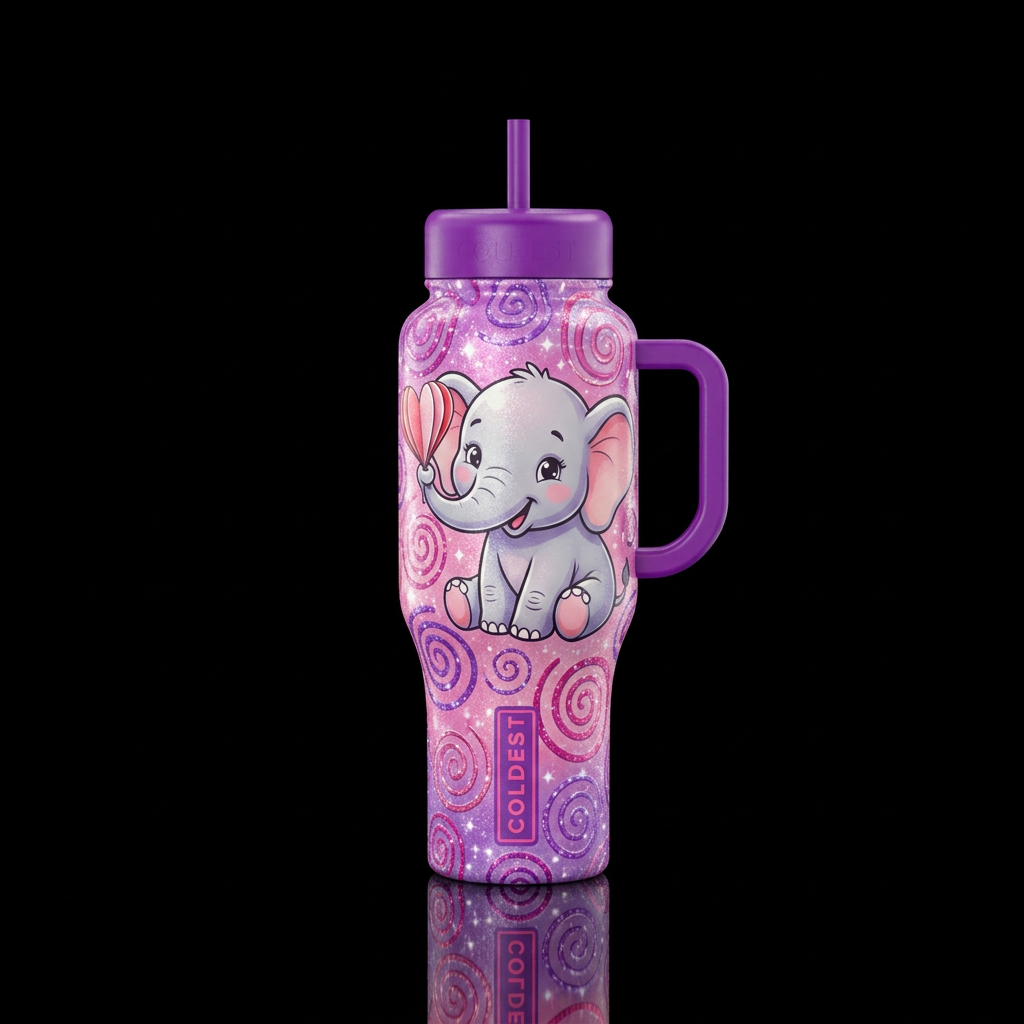 Baby elephant holding a paper heart in it trunk, h... water bottle design