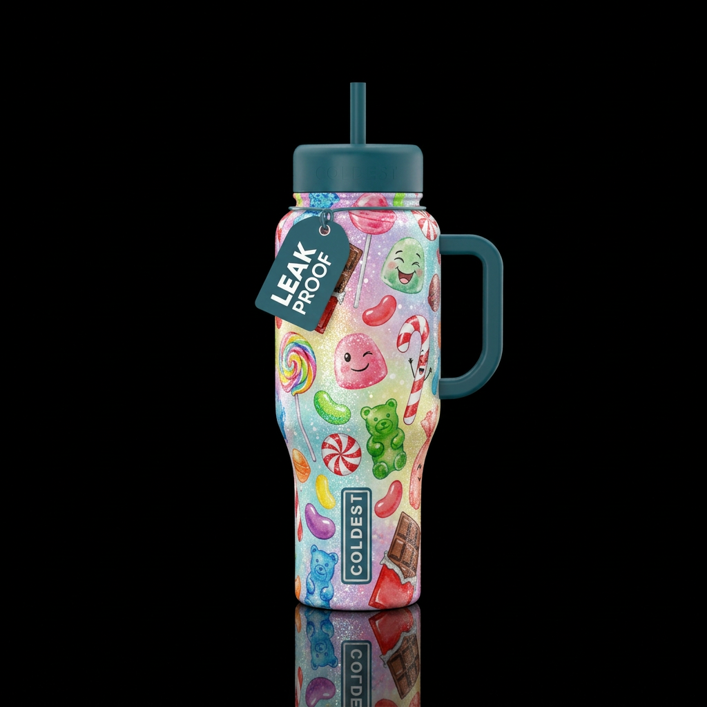 candy, sparkly, shiny, funny, cartoon, watercolor water bottle design