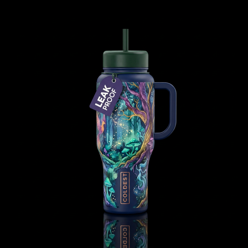 , enchanted forest,  sparkly, vibrant, ancient, se... water bottle design