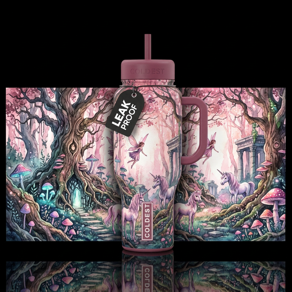 , enchanted forest, dusty pink, sparkly, vibrant, ... water bottle design