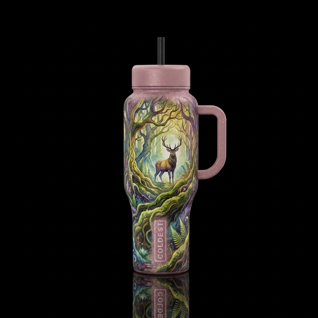 spellbinding, enchanted forest, deer, dusty pink, ... water bottle design