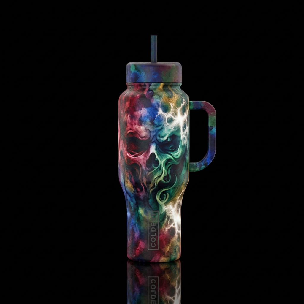 watercolor, smoke, bleach effects,, scary, moody water bottle design