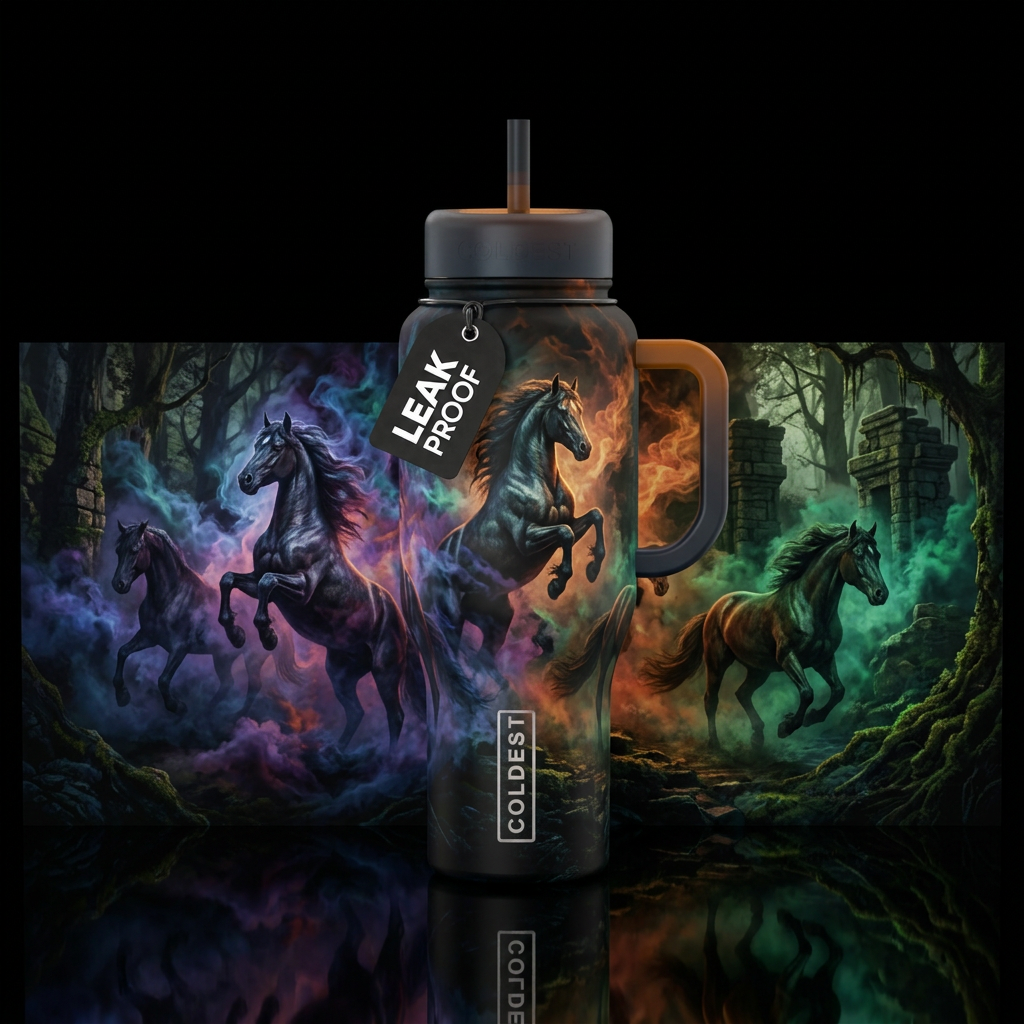 wild horse, magical, rustic, rugged, dark mood, sc... water bottle design