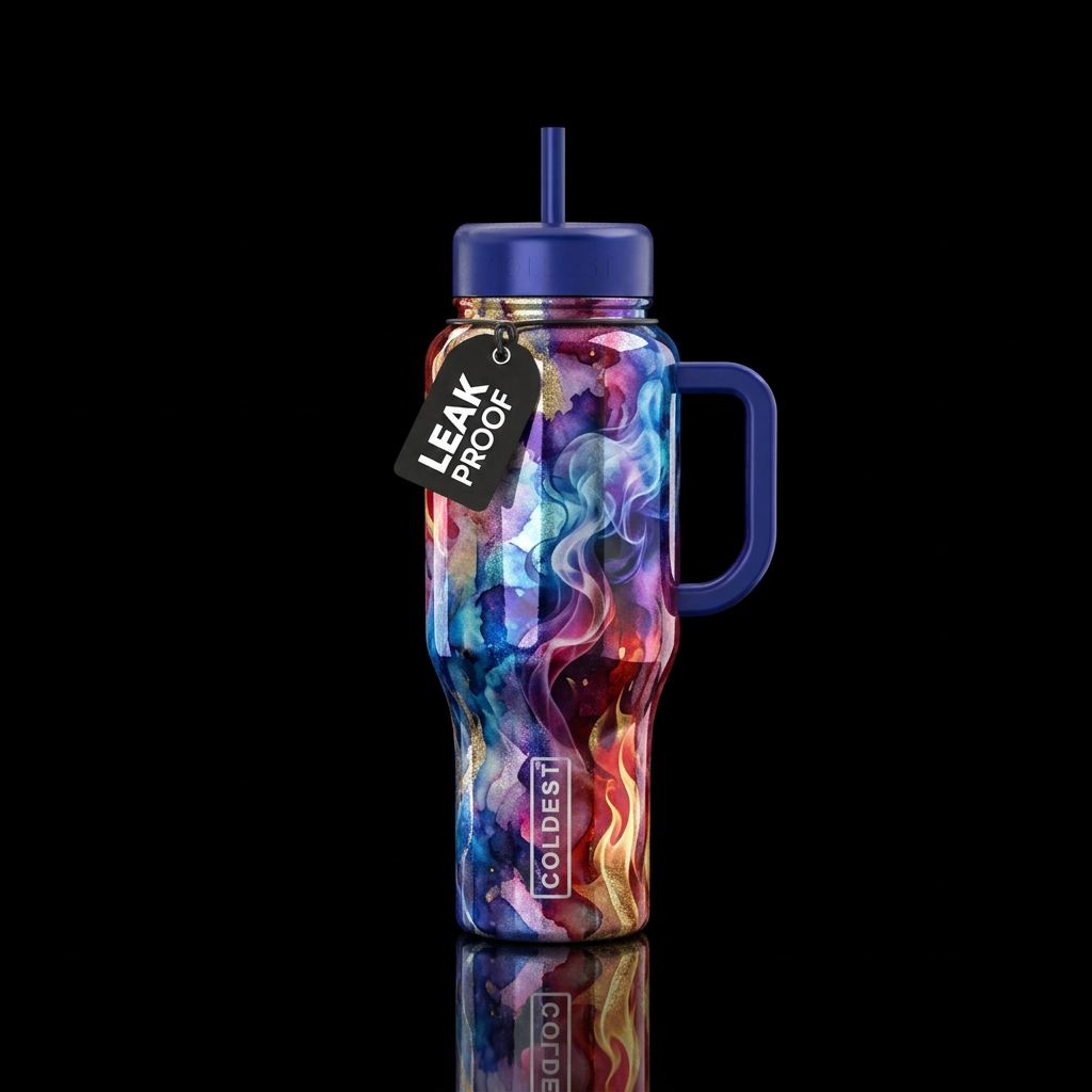 sparkly, shiny, chrome, vibrant, watercolor,, smok... water bottle design