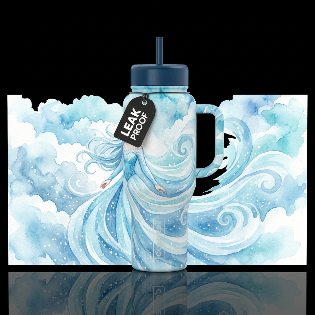 Ice Princess, snow, ice, ice blue, watercolor, clo... water bottle design