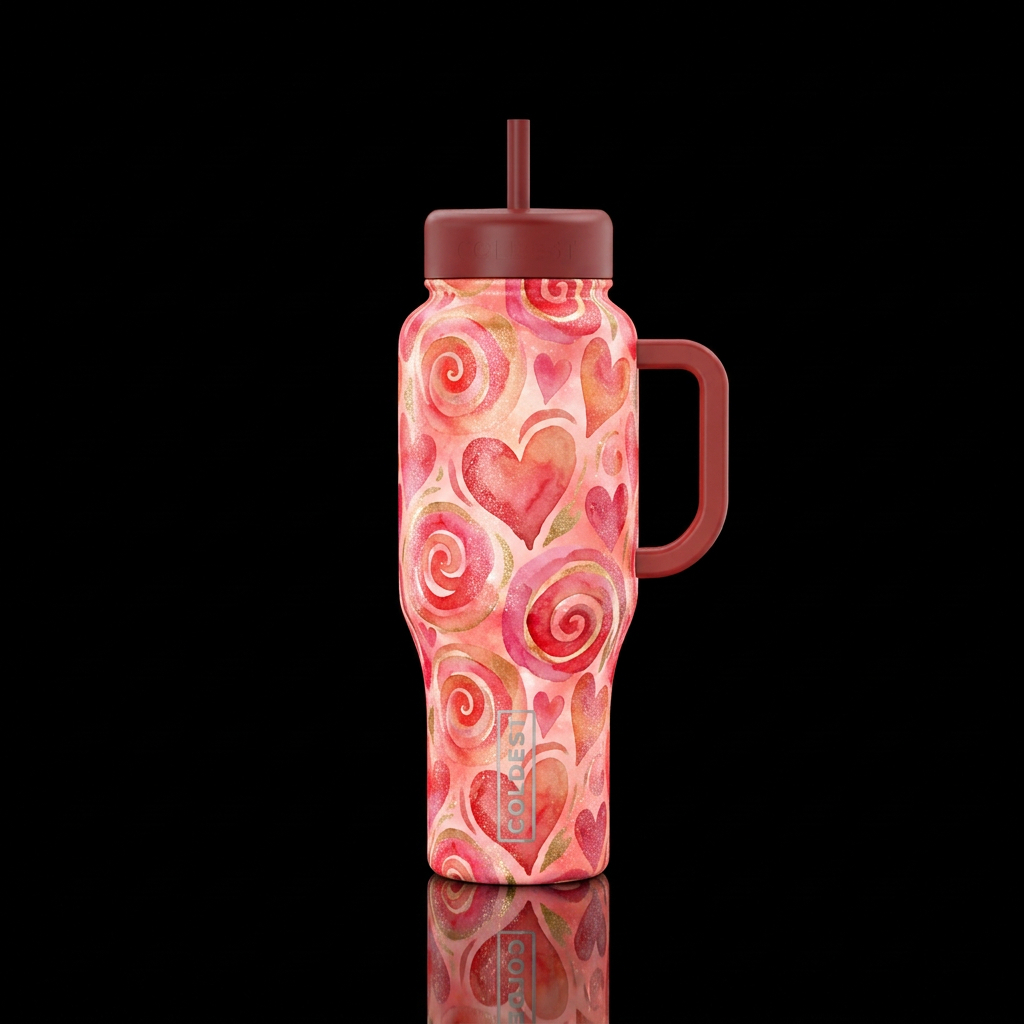 valentines, happy mood, watercolor, sparkly, shiny... water bottle design