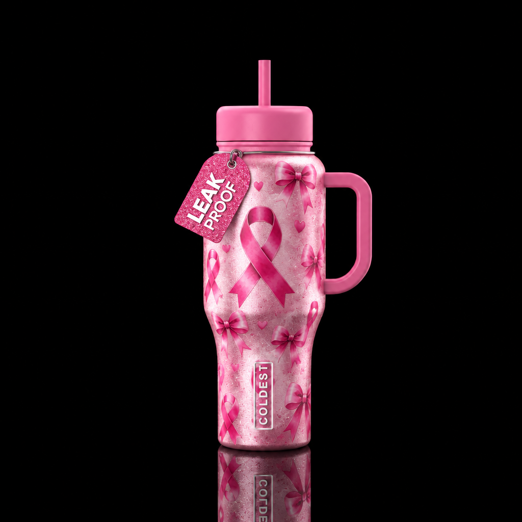 Breast Cancer ribbon, pink bows,, sparkly, shiny, ... water bottle design
