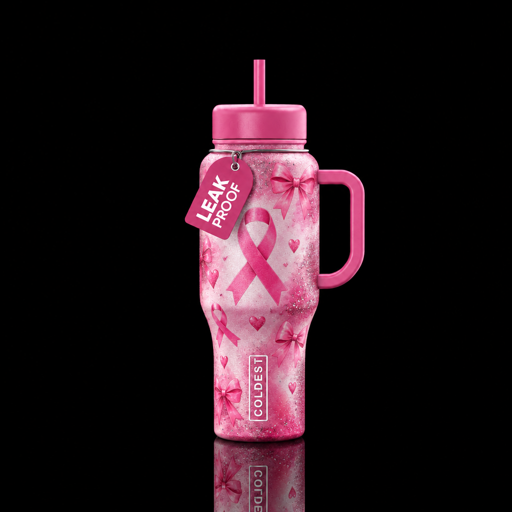 Breast Cancer ribbon, pink bows,, sparkly, shiny, ... water bottle design