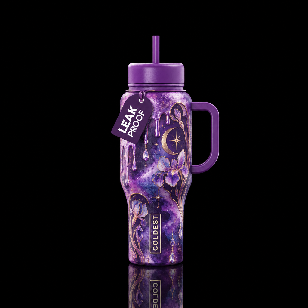 art nouveau, purple, whimsical, shiny, sparkly, dr... water bottle design