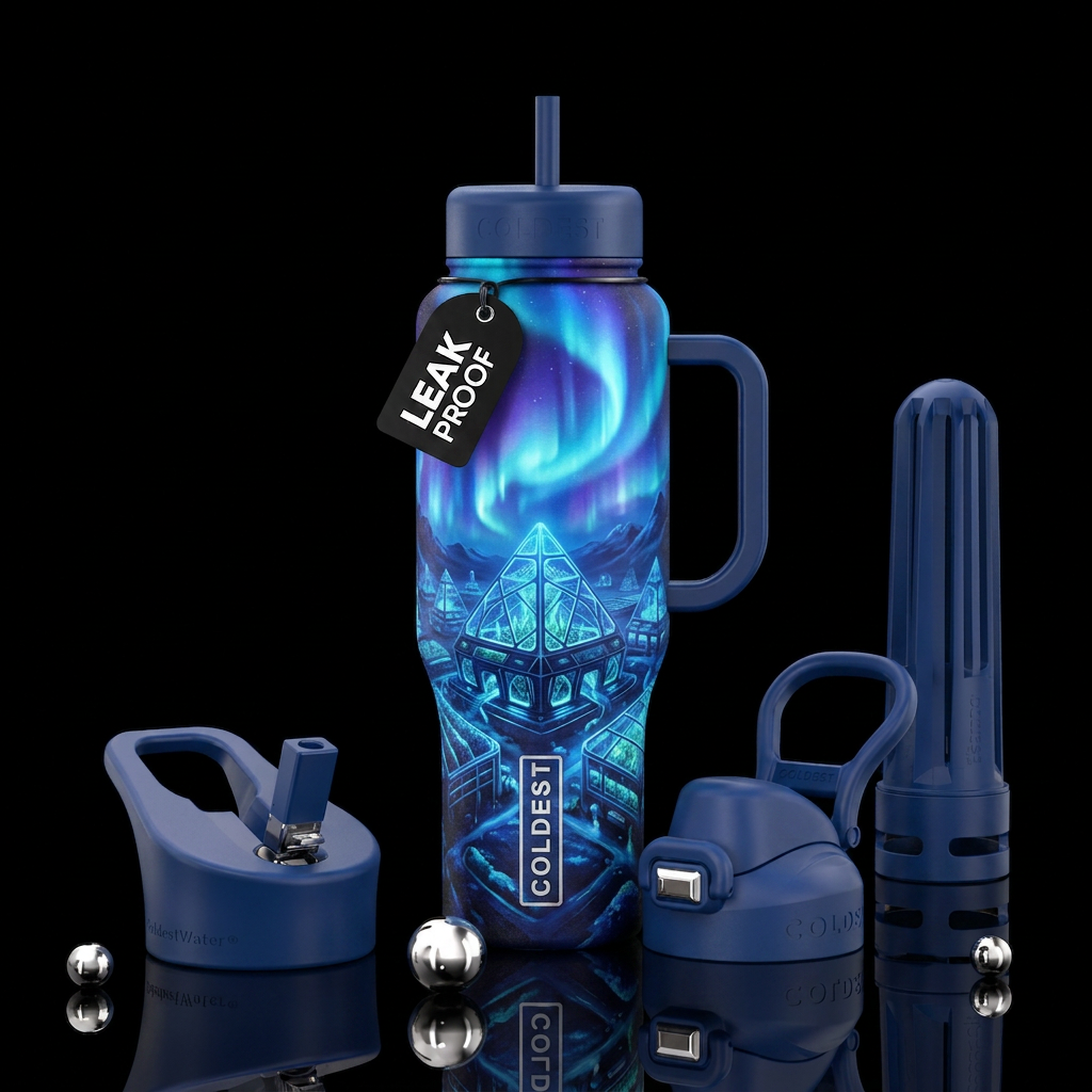 Blue aurora farming water bottle design