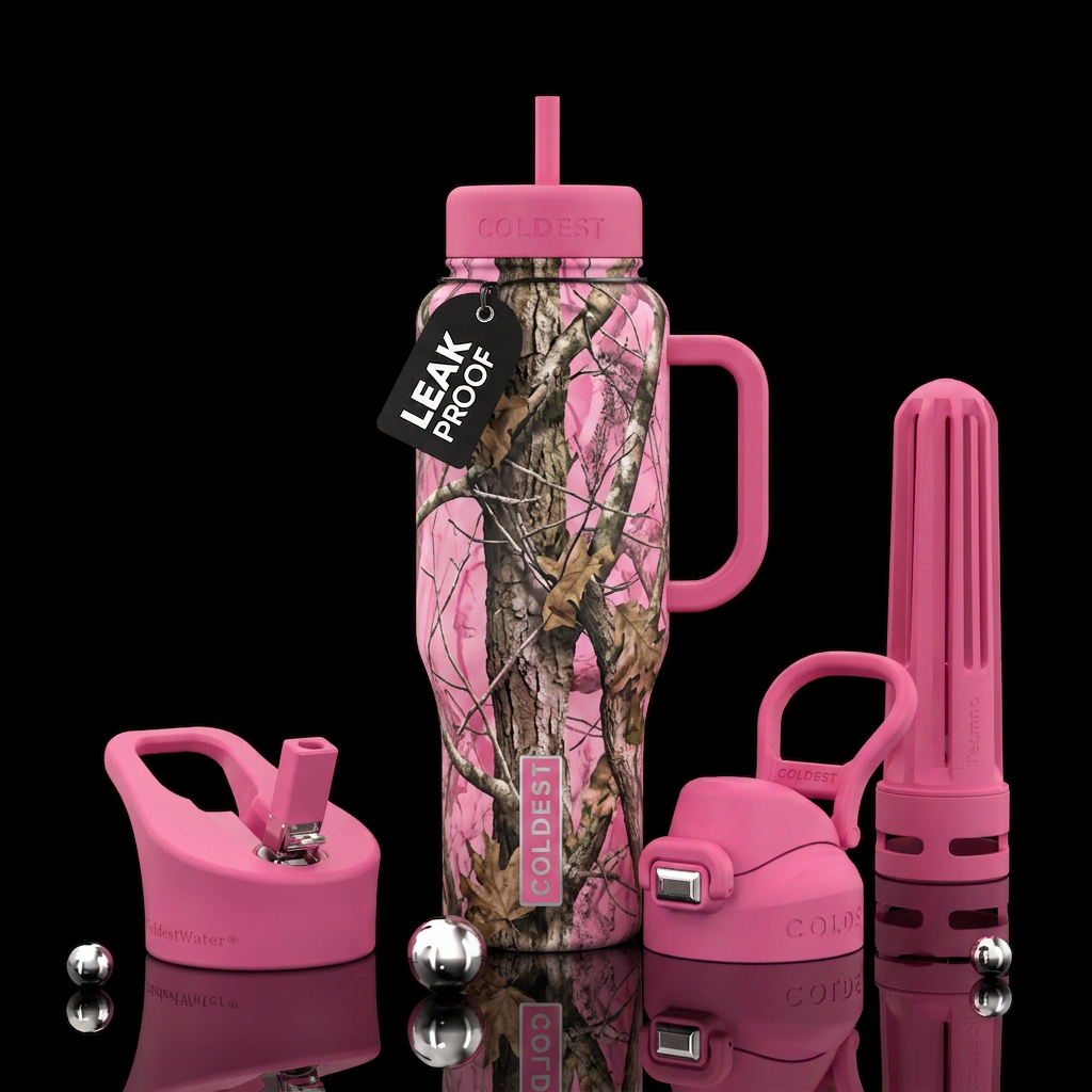 Tree camo pink water bottle design