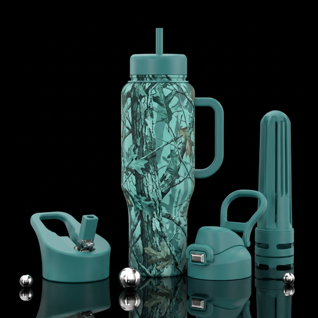 Tree camo teal water bottle design
