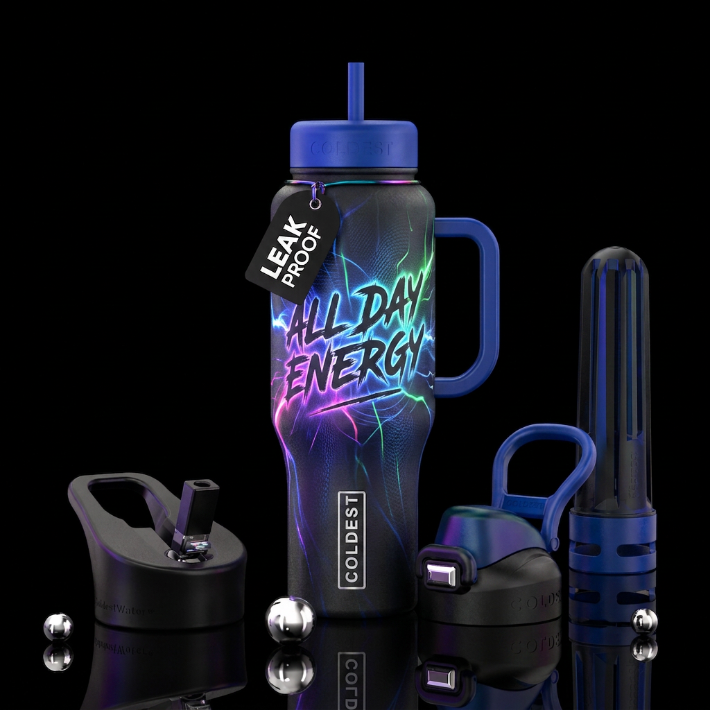 Words ( all day energy) lighting in back ground water bottle design