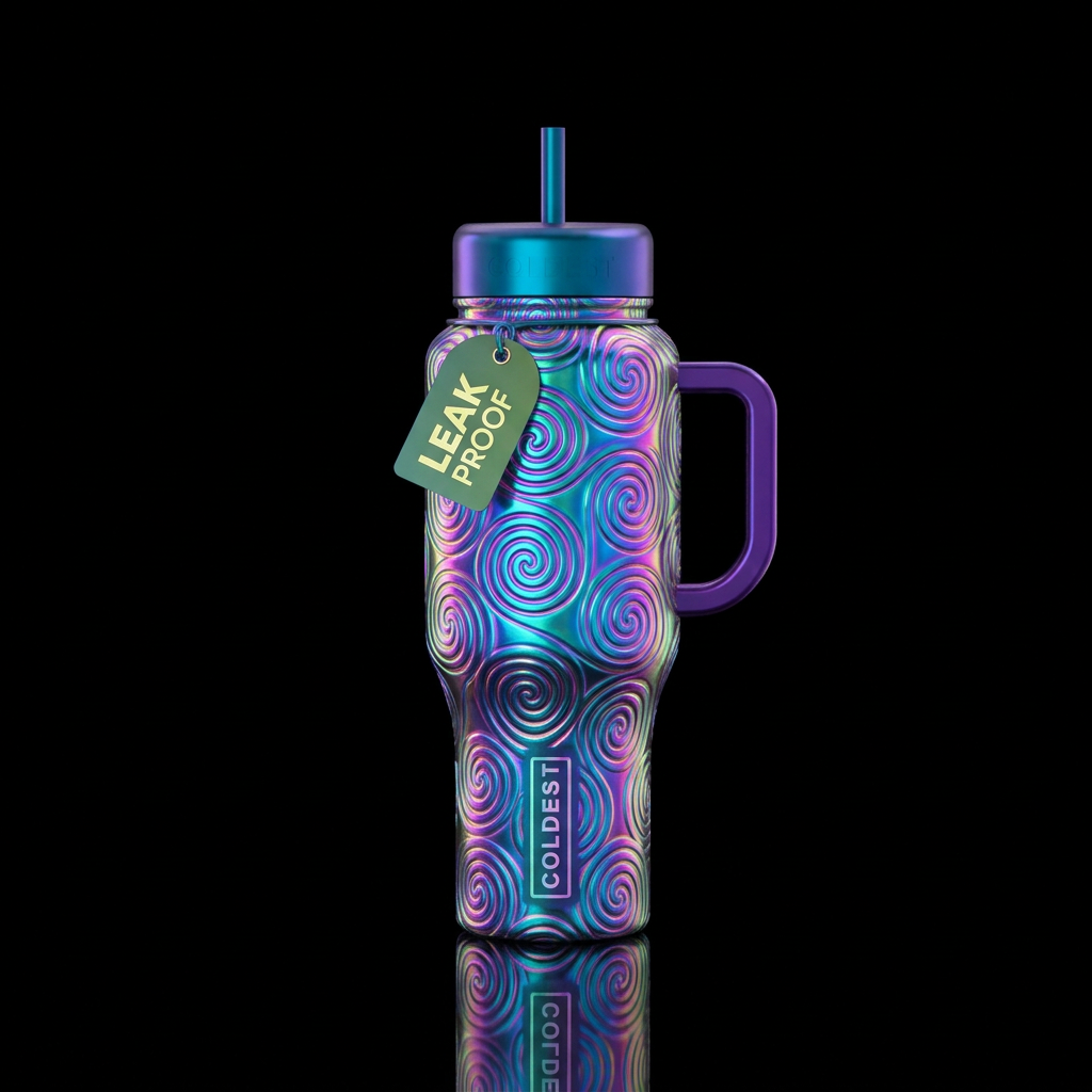 glowie, spirals, irridescent water bottle design