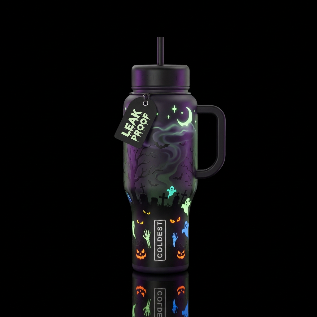 Glow in the dark, spooky halloween water bottle design