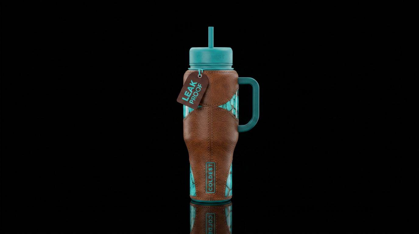 Brown leather and turquoise water bottle design