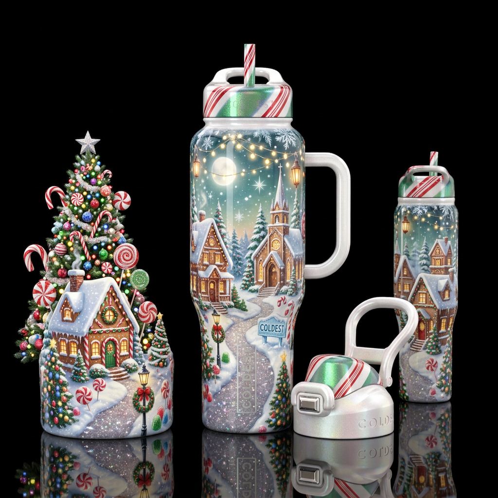 A Christmas Village water bottle design