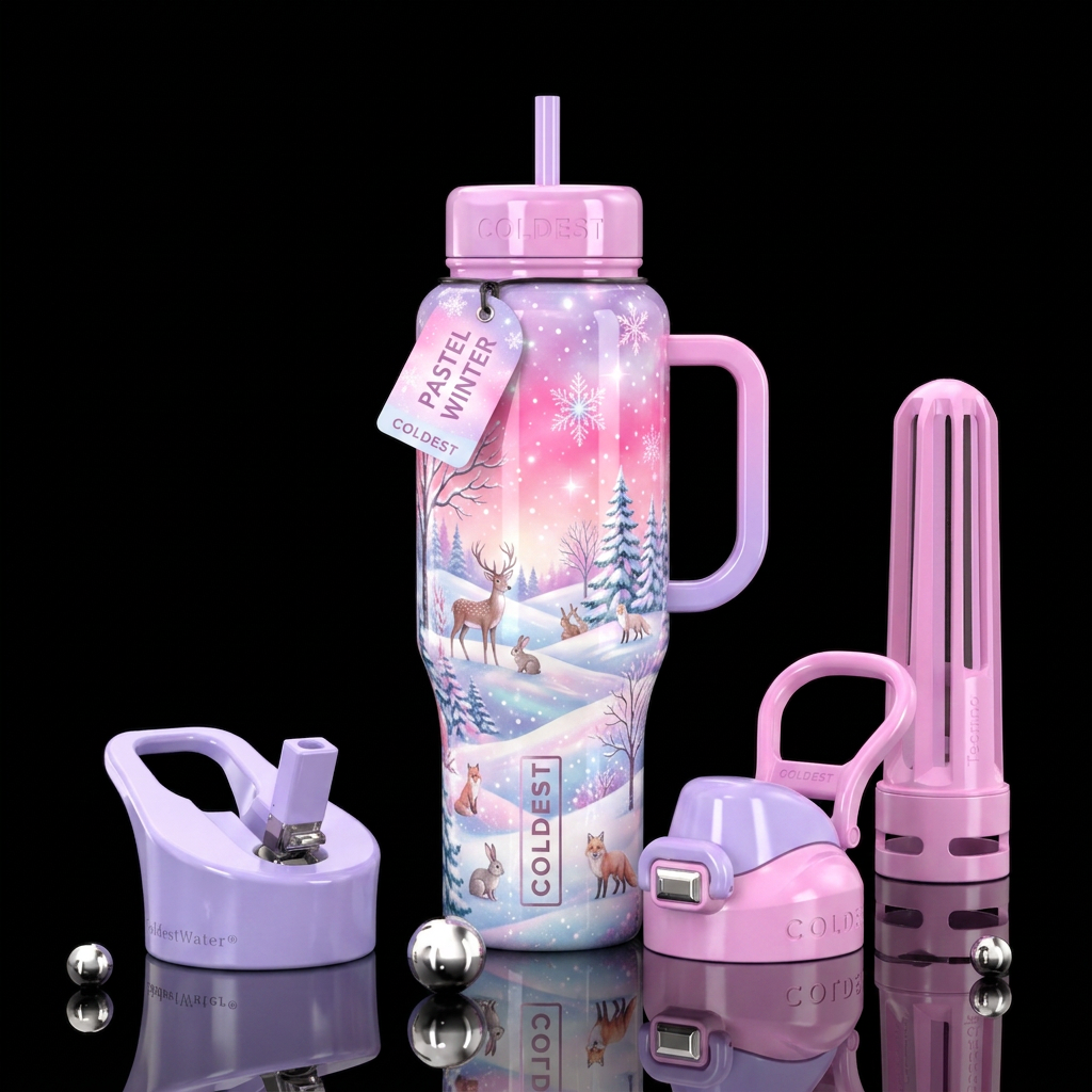 A pink Christmas water bottle design