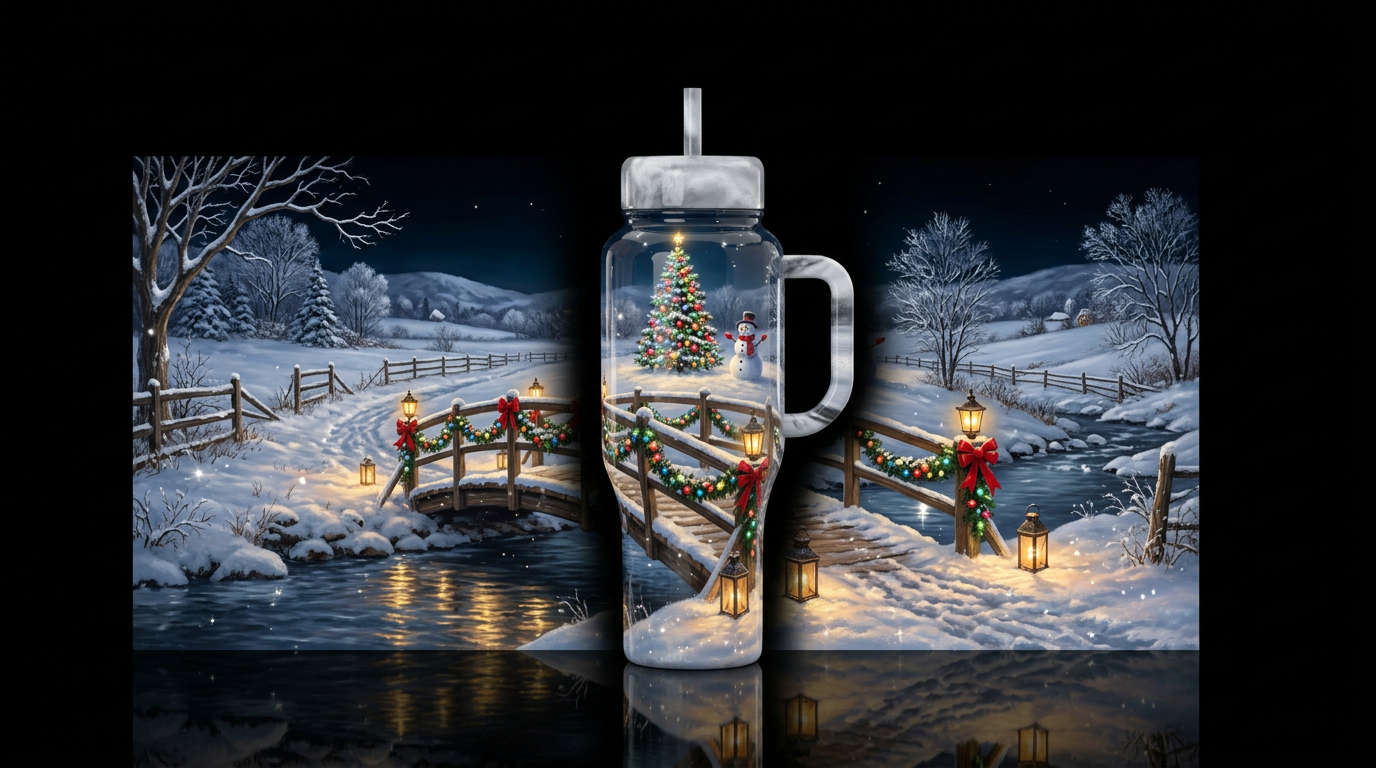 Snow Covered Bridge water bottle design