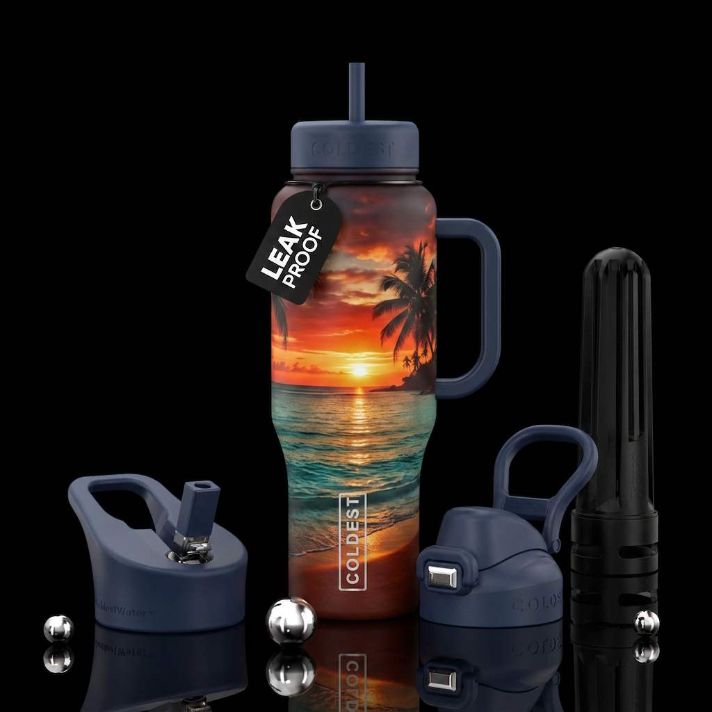 Sunset on a beach water bottle design