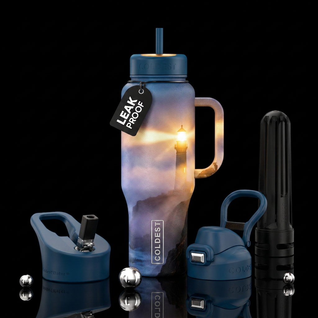 Lighthouse glowing in the fog water bottle design