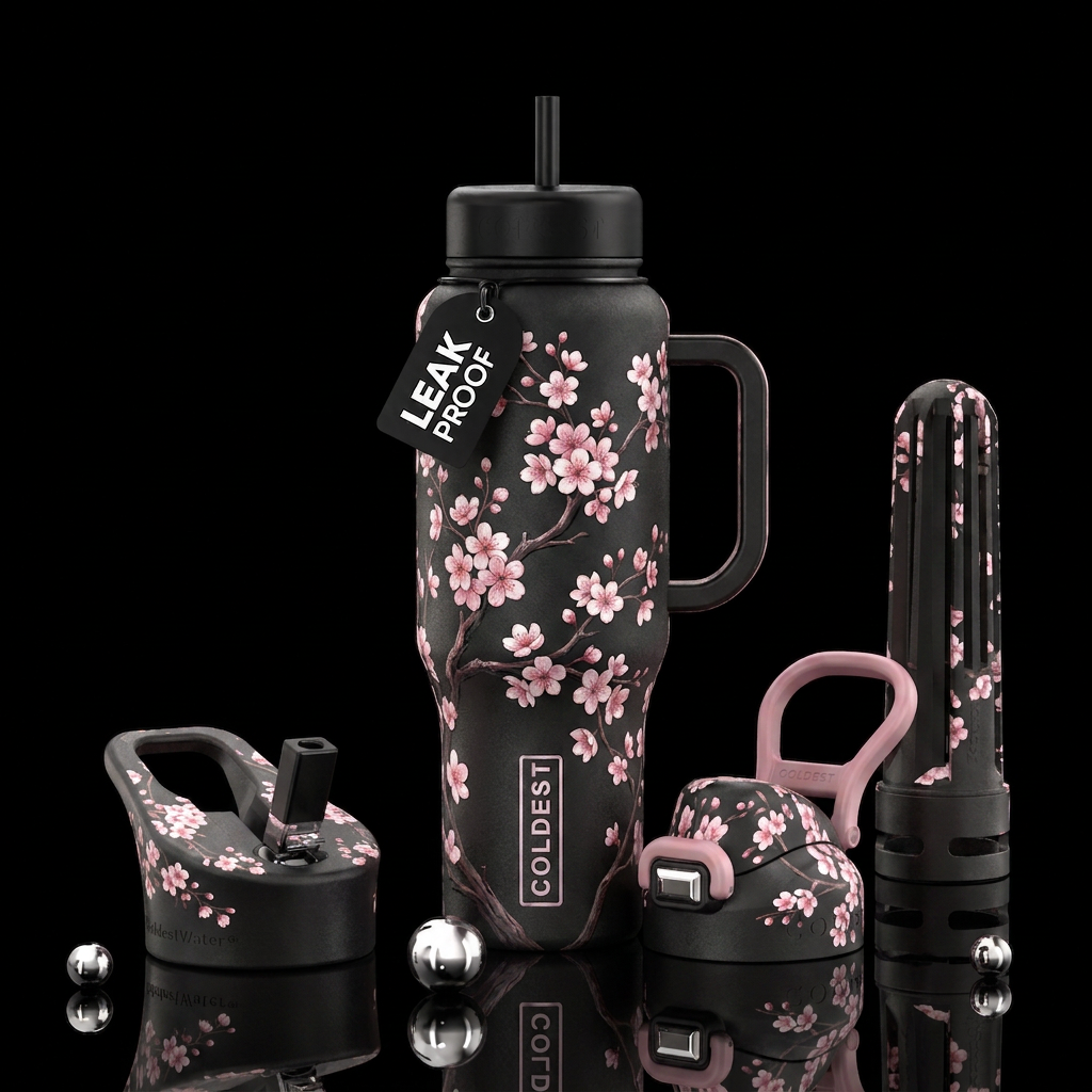 Cherry blossoms on a black background water bottle design