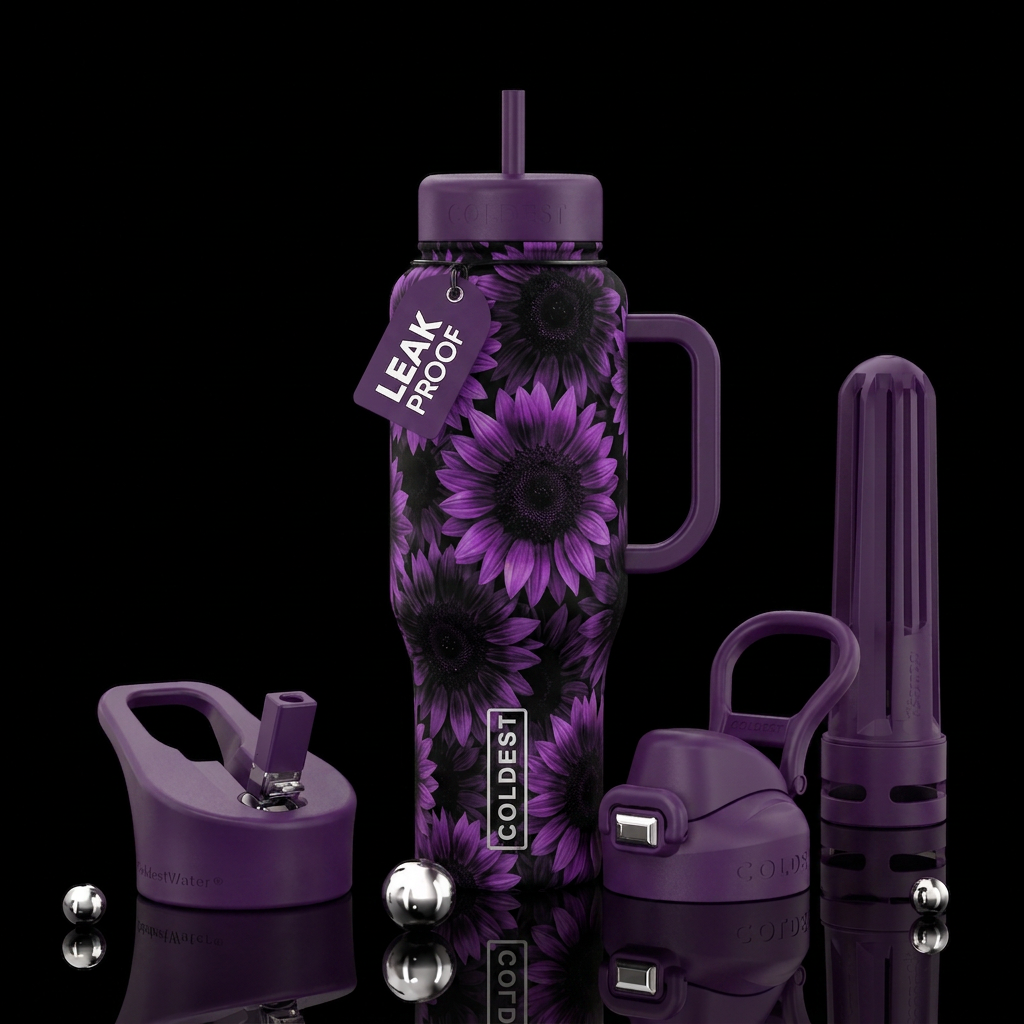 Black and purple sunflowers water bottle design