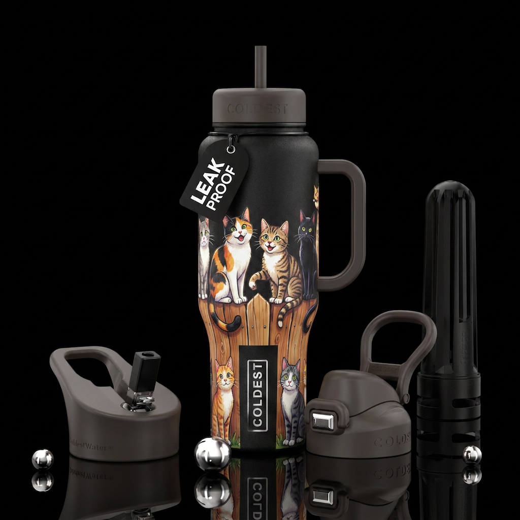Kitty cats sitting on a fence water bottle design