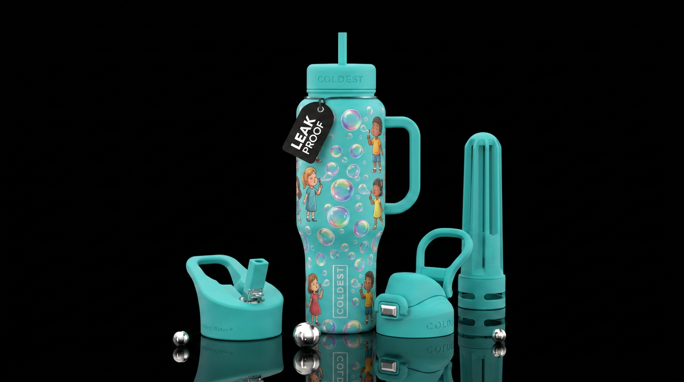 Little kids blowing bubbles water bottle design
