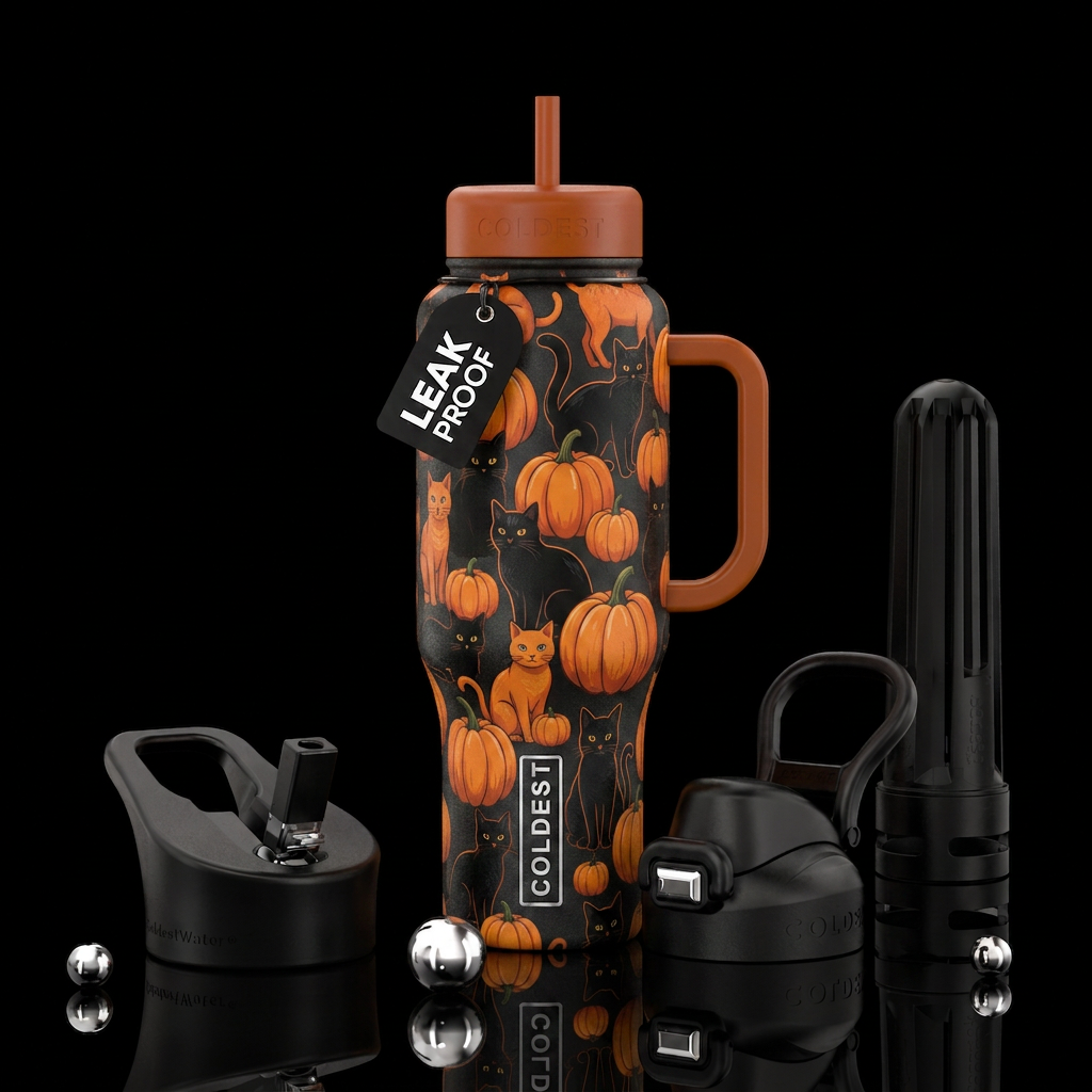 Cats and pumpkins water bottle design