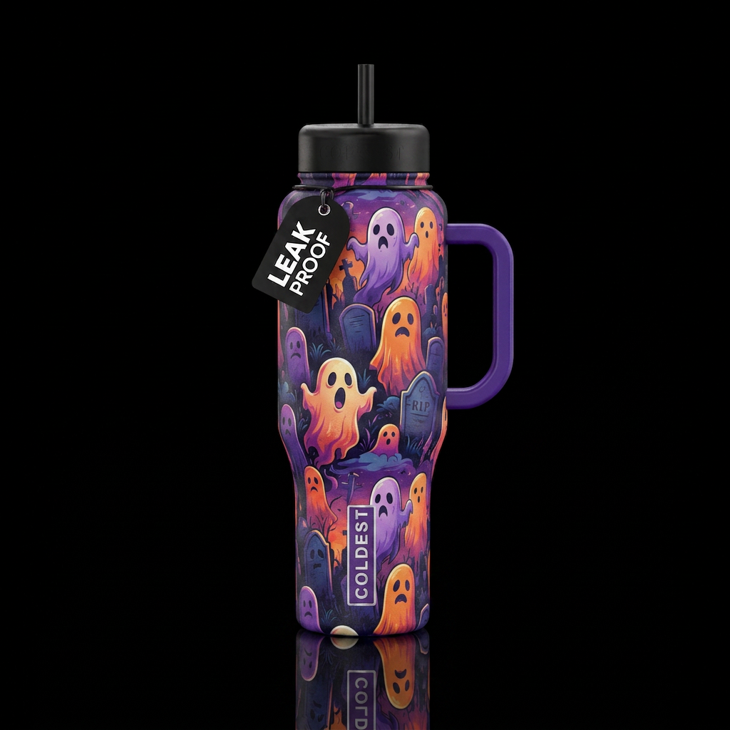 Ghosts in a graveyard water bottle design